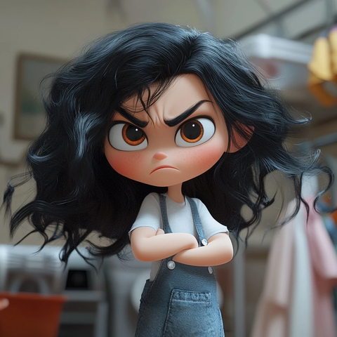 黑发女孩生气做家务