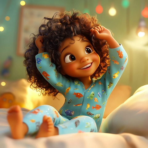 小女孩床上玩乐蓝鱼睡衣