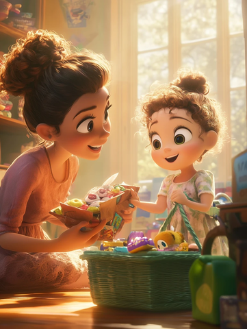 女孩与母亲打包零食玩具