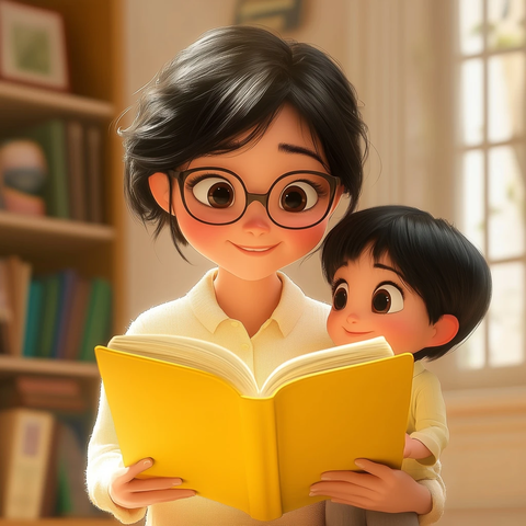 母亲写字黄色书皮卡通风格