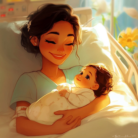 母亲怀抱新生儿医院场景