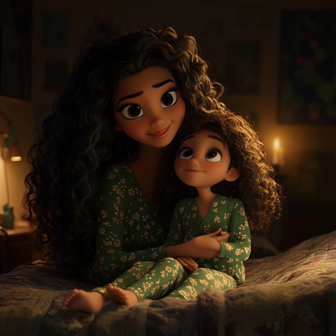 母女长发绿花睡衣床上