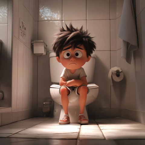 孩子坐在马桶上表情悲伤