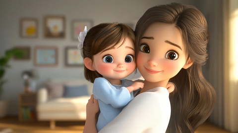 女孩抱母亲客厅角落