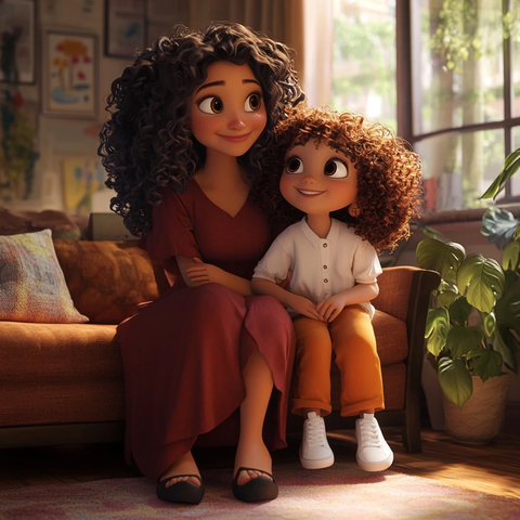 母女拥坐在沙发讲解