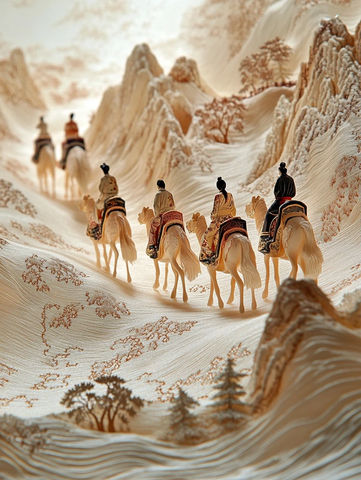 沙漠中骑骆驼的古装人物队伍