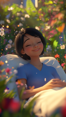 母亲睡在花丛中微笑