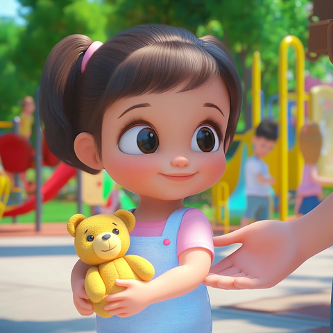 卡通在操场外抱着泰迪熊