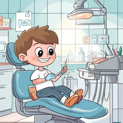 男孩坐牙医椅接受根管治疗