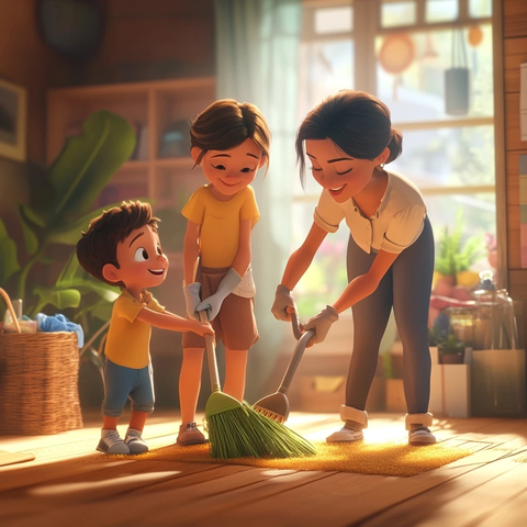 母亲与孩子一起打扫屋子