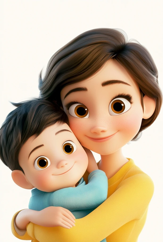 母亲抱儿子黄色蓝色卡通