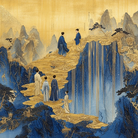 古装人物于山间险境行进的场景