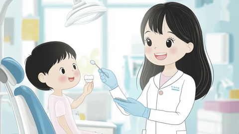 牙医展示牙齿给小患者