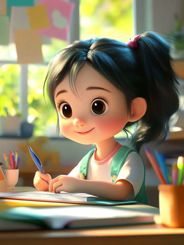 三岁女孩学习书桌旁