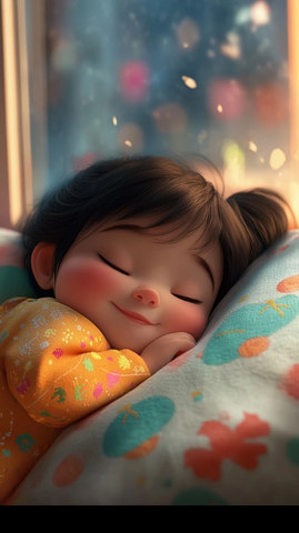 宝宝微笑入睡窗边