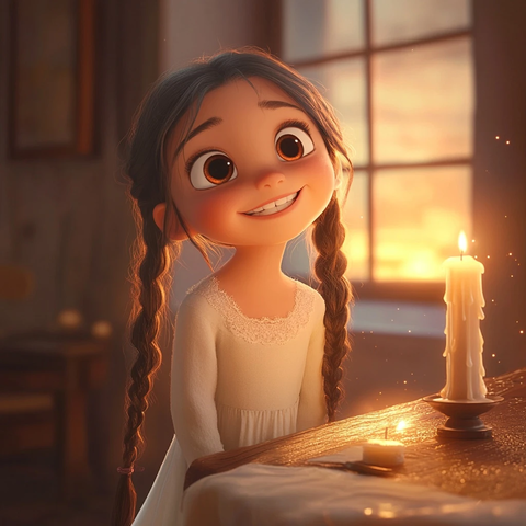 女孩白裙蜡烛夕阳窗景