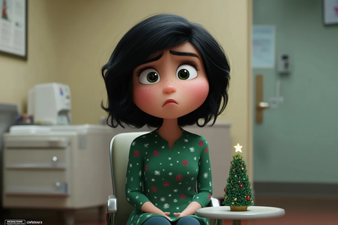 黑发女子穿圣诞衫等候诊室