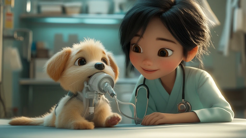 医生安慰戴呼吸器的小狗