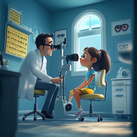 女孩眼科检查戴眼镜看视力表