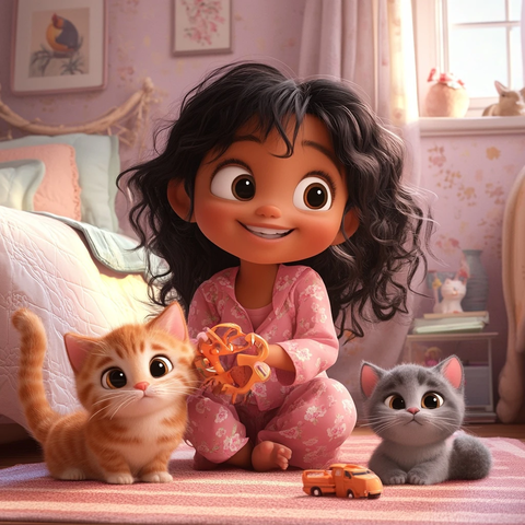 女孩卧室玩玩具与猫咪相伴