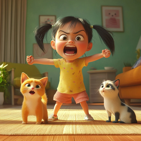 女孩怒吼小猫小狗惊恐