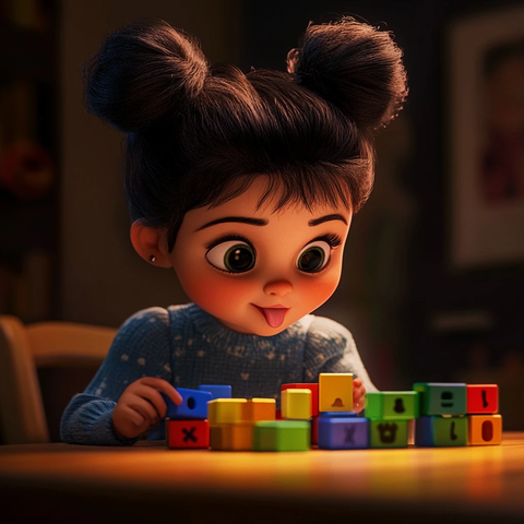 女孩玩磁力片专注吐舌头