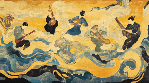 云端上弹奏传统乐器的乐师们