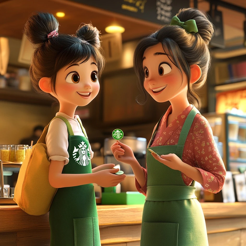 小女孩买苹果汁日本发型背包