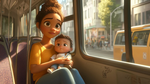 母子窗边坐公交