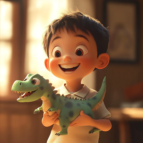 男孩手持恐龙玩具微笑