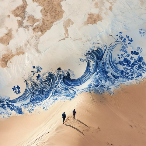 沙漠中两人行走在青花瓷波浪旁的景象