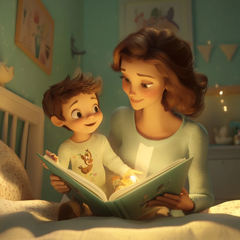 母亲讲故事书给小孩听