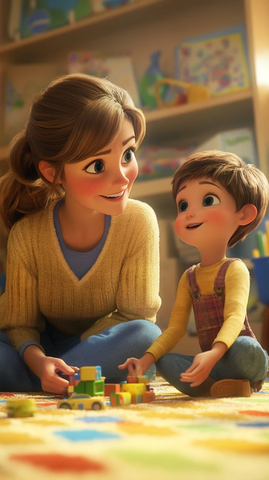 女教师与孩子地板游戏