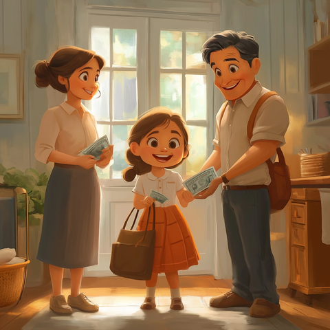 爸爸给钱全家准备出门