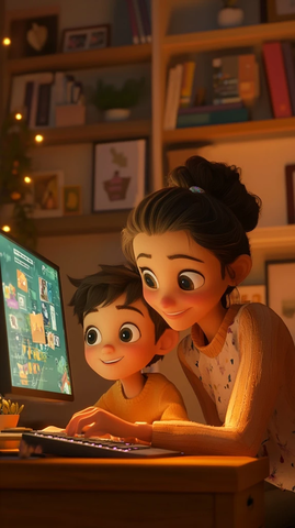 父母与孩子合作电脑动画