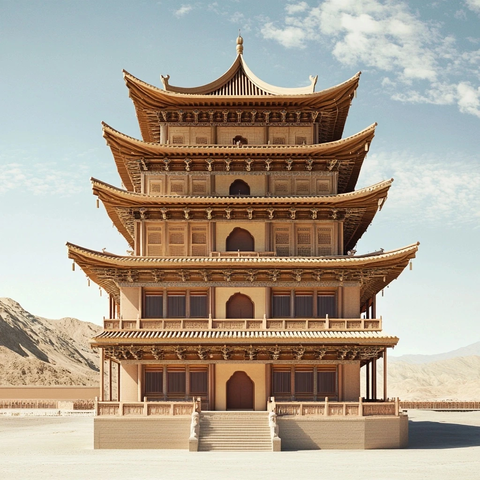 沙漠中传统中式多层塔楼建筑