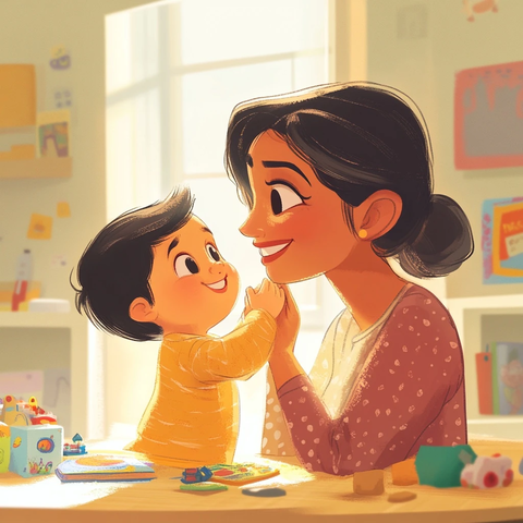 宝宝微笑触碰妈妈脸庞