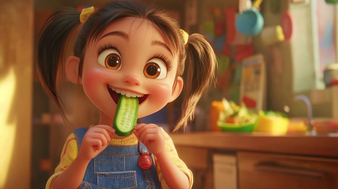 女孩吃黄瓜穿着背带裤