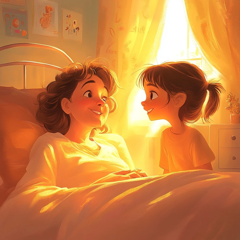 女儿陪伴生病妈妈床上温馨时刻