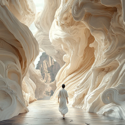 白衣女子走在奇特造型的通道中