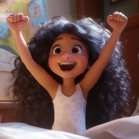 女孩长卷发坐在床边举手