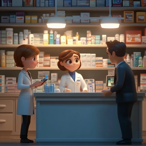 药房员工柜台聚光灯下