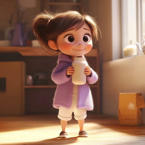 小女孩喝牛奶室内紫色外套