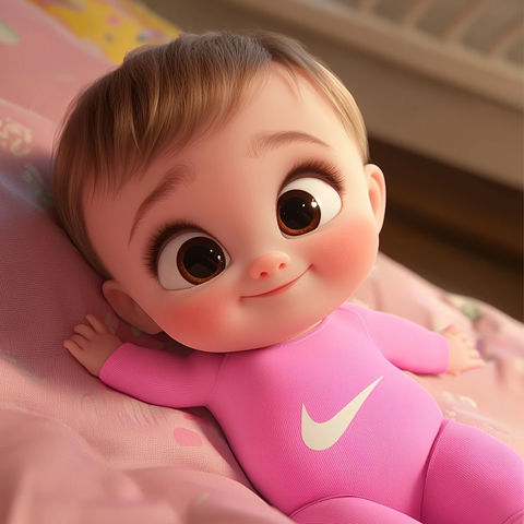 宝宝粉色床上的快乐时光