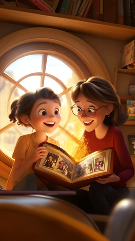 母女笑声中的照片回忆