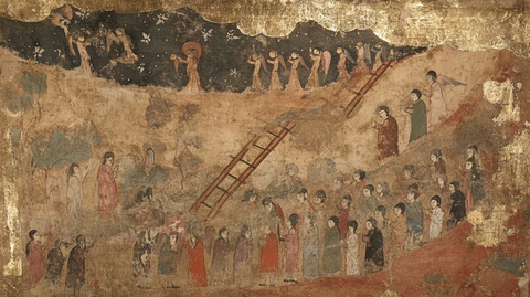 古代壁画中众人围绕梯子的场景