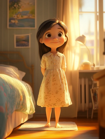 莉莉站在整洁房间微笑