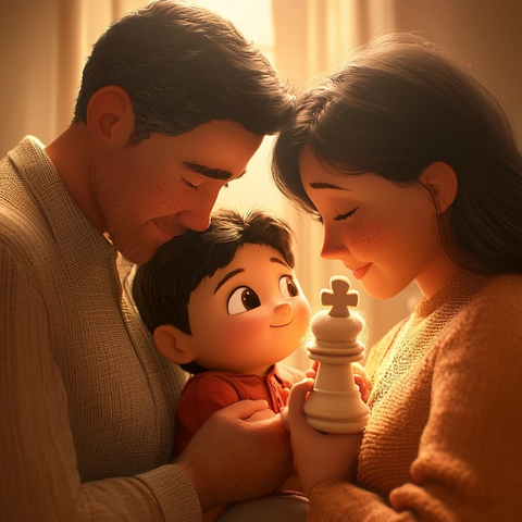 父母拥抱孩子与棋子毛绒玩具