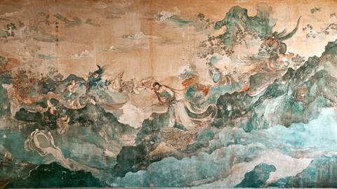 古代神话人物于山间云端的壁画景象