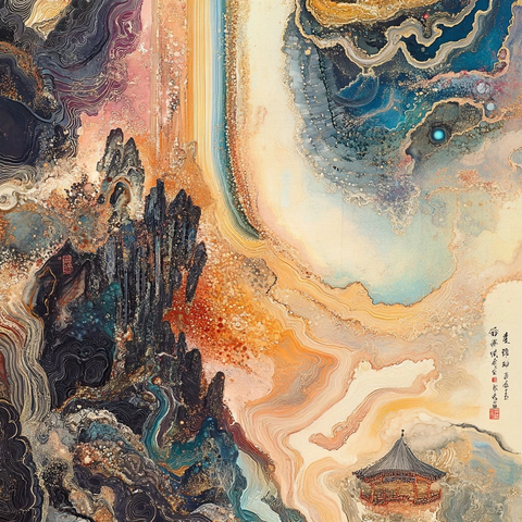 色彩斑斓的水墨风格山水景观